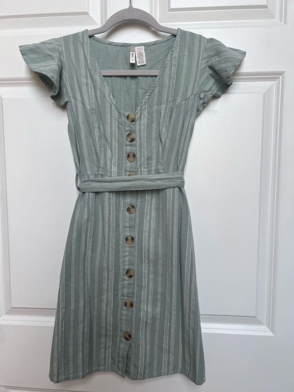 Striped Sage Button-Front Women’s Dress with Waist Tie